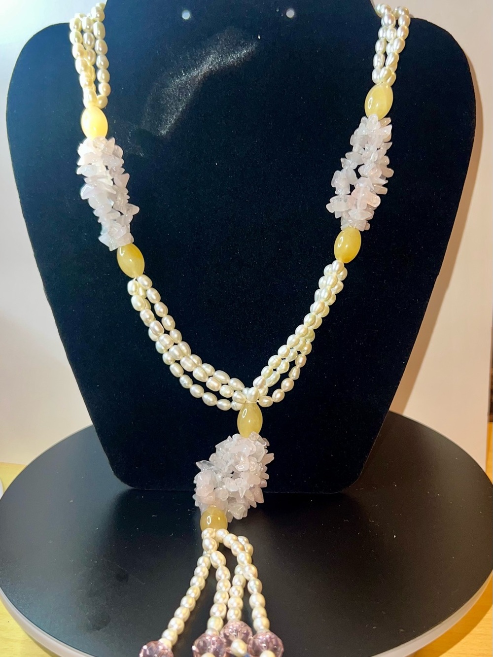 Pearl and Yellow Agate Multi-Strand Necklace with Rose Quartz Clusters